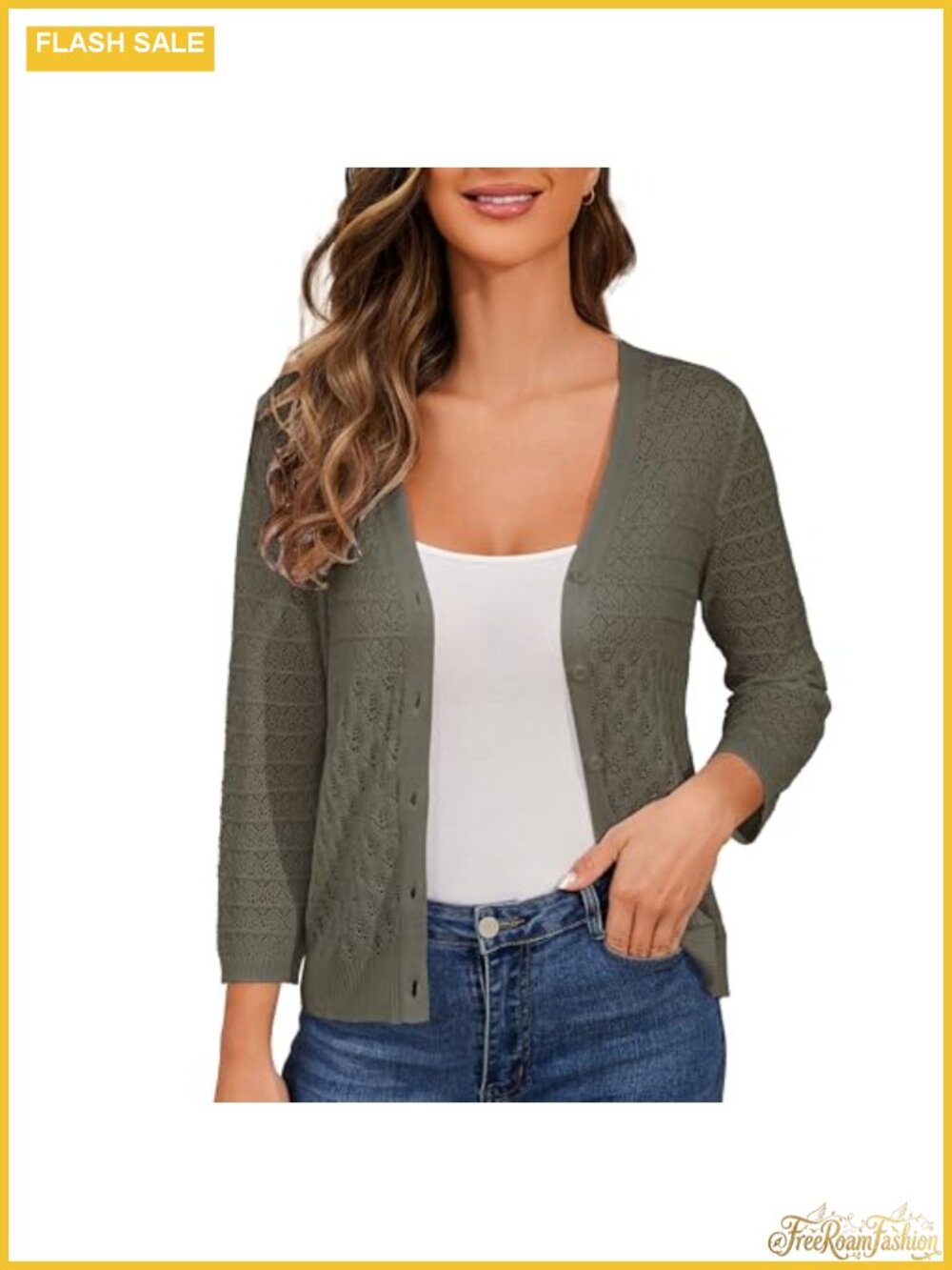 Women's Crochet Knit Cardigan 3/4 Sleeve Shrug Open Front V-Neck